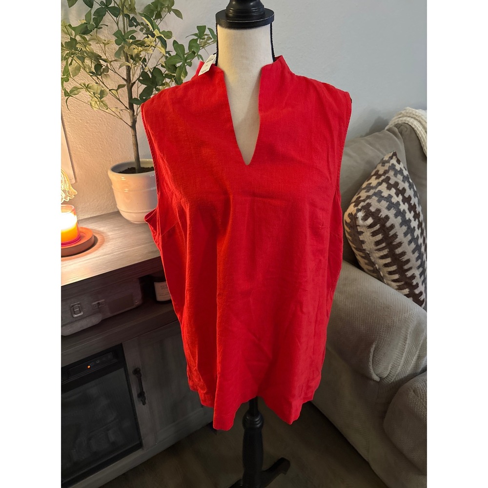 Talbots Red Linen Blend Sleeveless Split Neck Top‎ XL NWT